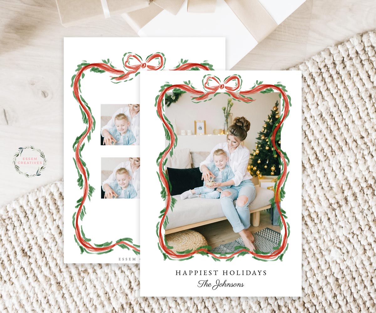 Scallop Christmas Photo Card Template, Holiday Card Template, Vertical Dainty Greenery Border Watercolor Christmas Card, Classic Border Bow Corjl editable template
