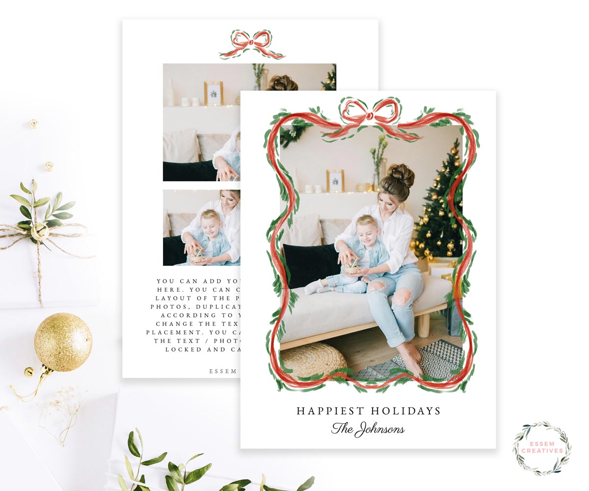 Scallop Christmas Photo Card Template, Holiday Card Template, Vertical Dainty Greenery Border Watercolor Christmas Card, Classic Border Bow Corjl editable template