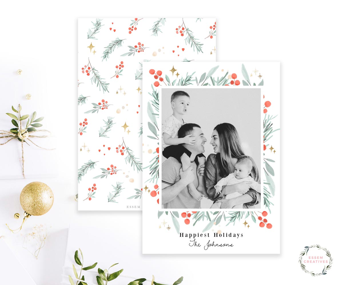 Printable Christmas Photo Card Template, Vertical Holiday Card Template, Classic Greenery Border Watercolor Christmas Card, Holly Border Corjl editable template
