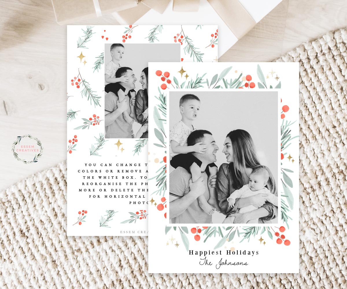 Printable Christmas Photo Card Template, Vertical Holiday Card Template, Classic Greenery Border Watercolor Christmas Card, Holly Border Corjl