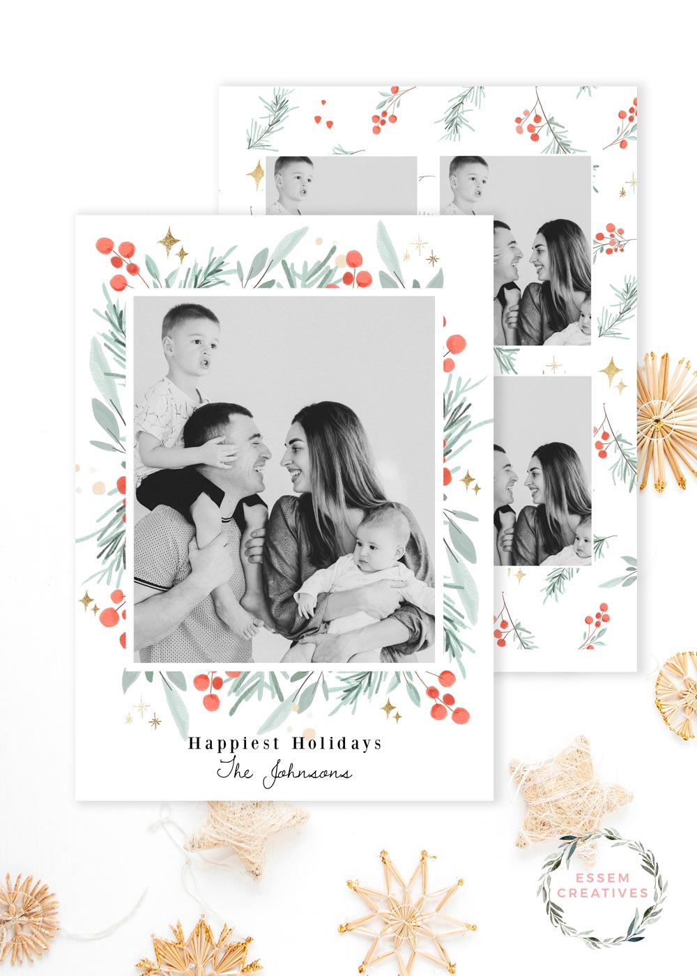 Printable Christmas Photo Card Template, Vertical Holiday Card Template, Classic Greenery Border Watercolor Christmas Card, Holly Border Corjl