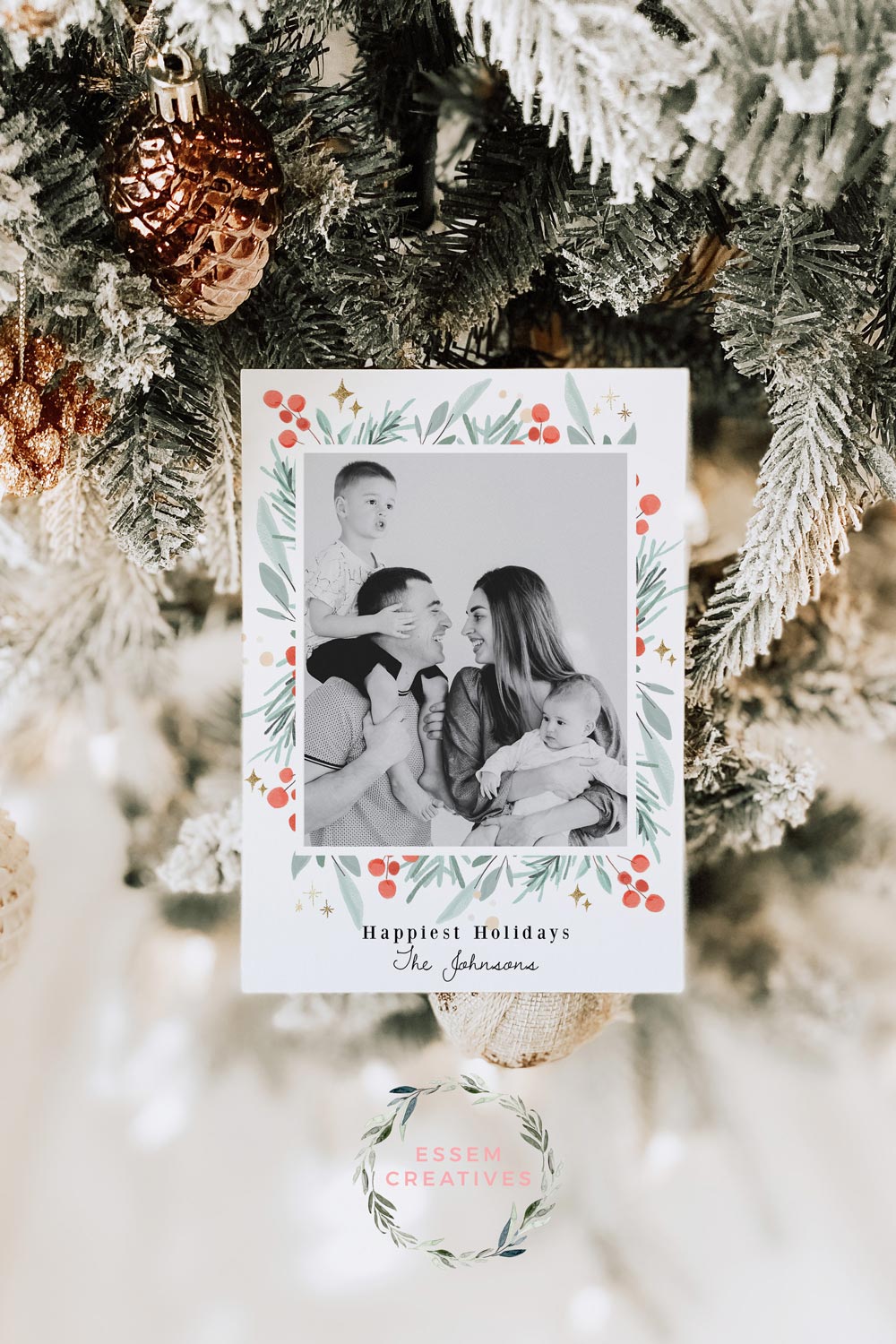 Printable Christmas Photo Card Template, Vertical Holiday Card Template, Classic Greenery Border Watercolor Christmas Card, Holly Border Corjl