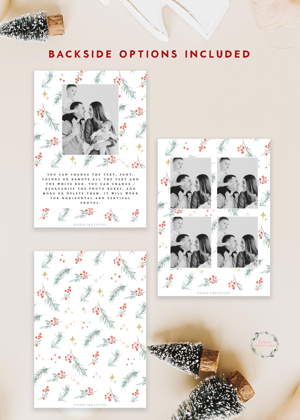 Printable Christmas Photo Card Template, Vertical Holiday Card Template, Classic Greenery Border Watercolor Christmas Card, Holly Border Corjl