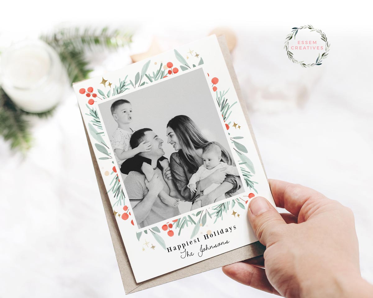 Printable Christmas Photo Card Template, Vertical Holiday Card Template, Classic Greenery Border Watercolor Christmas Card, Holly Border Corjl