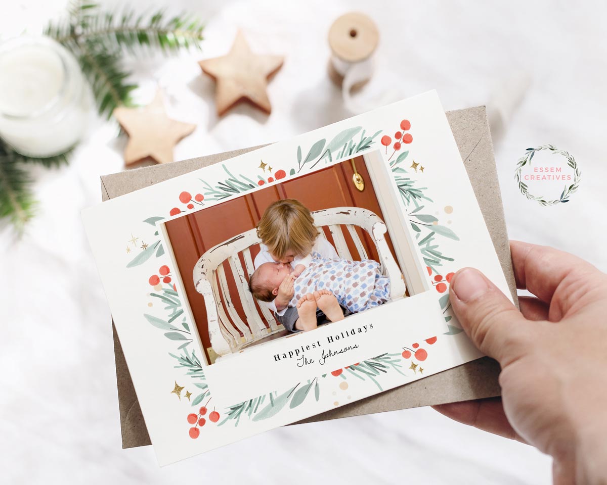 Printable Christmas Photo Card Template, Horizontal Holiday Card Template, Classic Greenery Frame Watercolor Christmas Card, Holly Border Corjl editable template