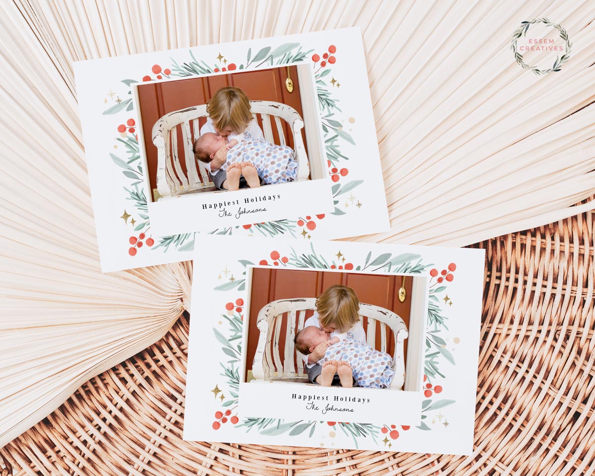 Printable Christmas Photo Card Template, Horizontal Holiday Card Template, Classic Greenery Frame Watercolor Christmas Card, Holly Border Corjl editable template