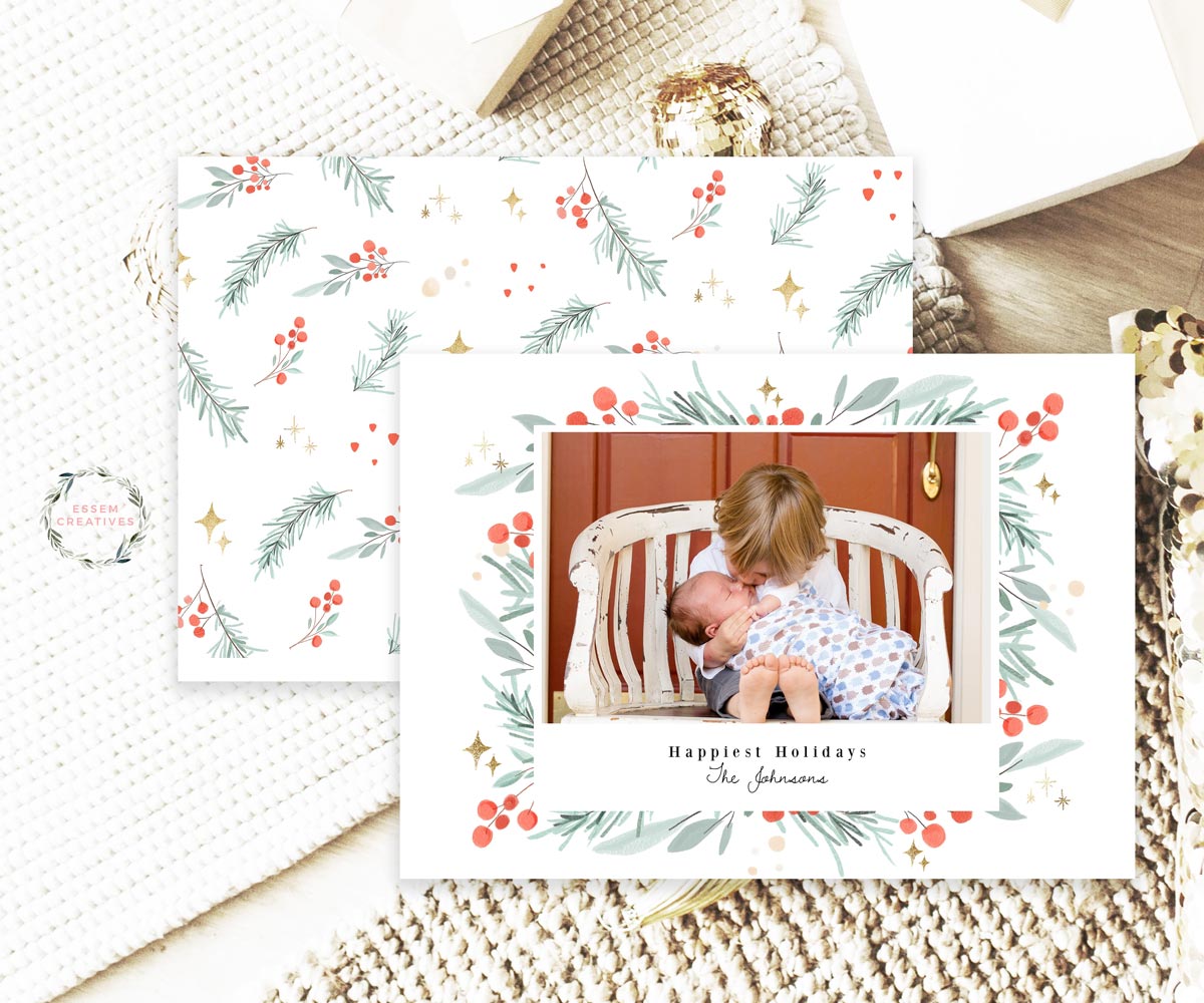 Printable Christmas Photo Card Template, Horizontal Holiday Card Template, Classic Greenery Frame Watercolor Christmas Card, Holly Border Corjl editable template