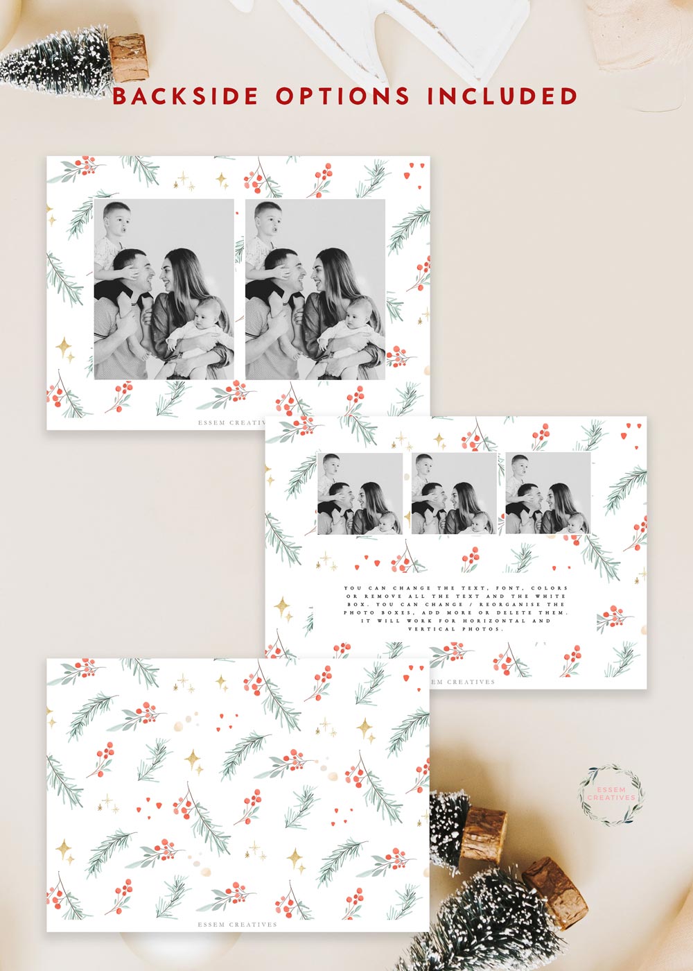 Printable Christmas Photo Card Template, Horizontal Holiday Card Template, Classic Greenery Frame Watercolor Christmas Card, Holly Border Corjl editable template