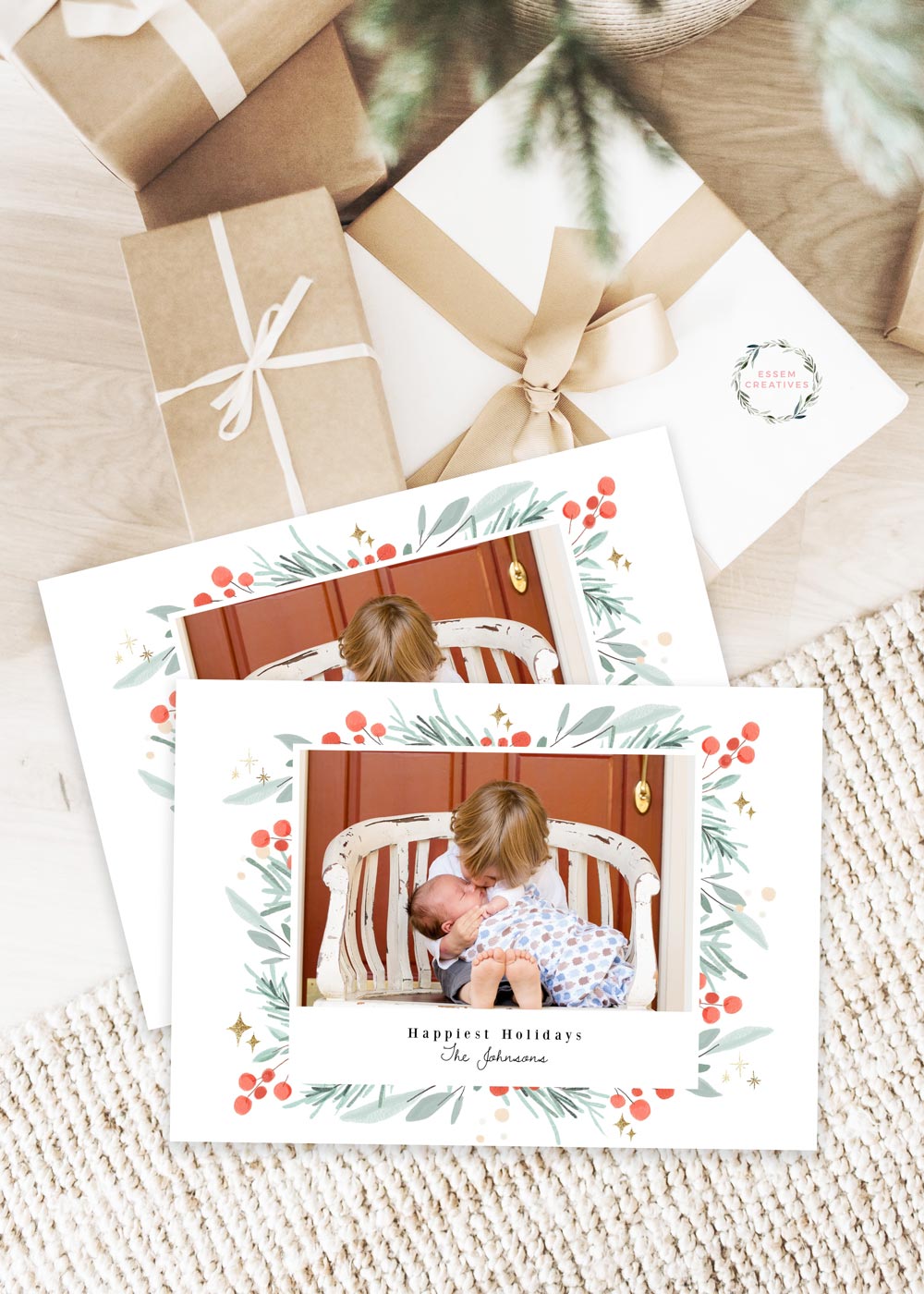 Printable Christmas Photo Card Template, Horizontal Holiday Card Template, Classic Greenery Frame Watercolor Christmas Card, Holly Border Corjl editable template