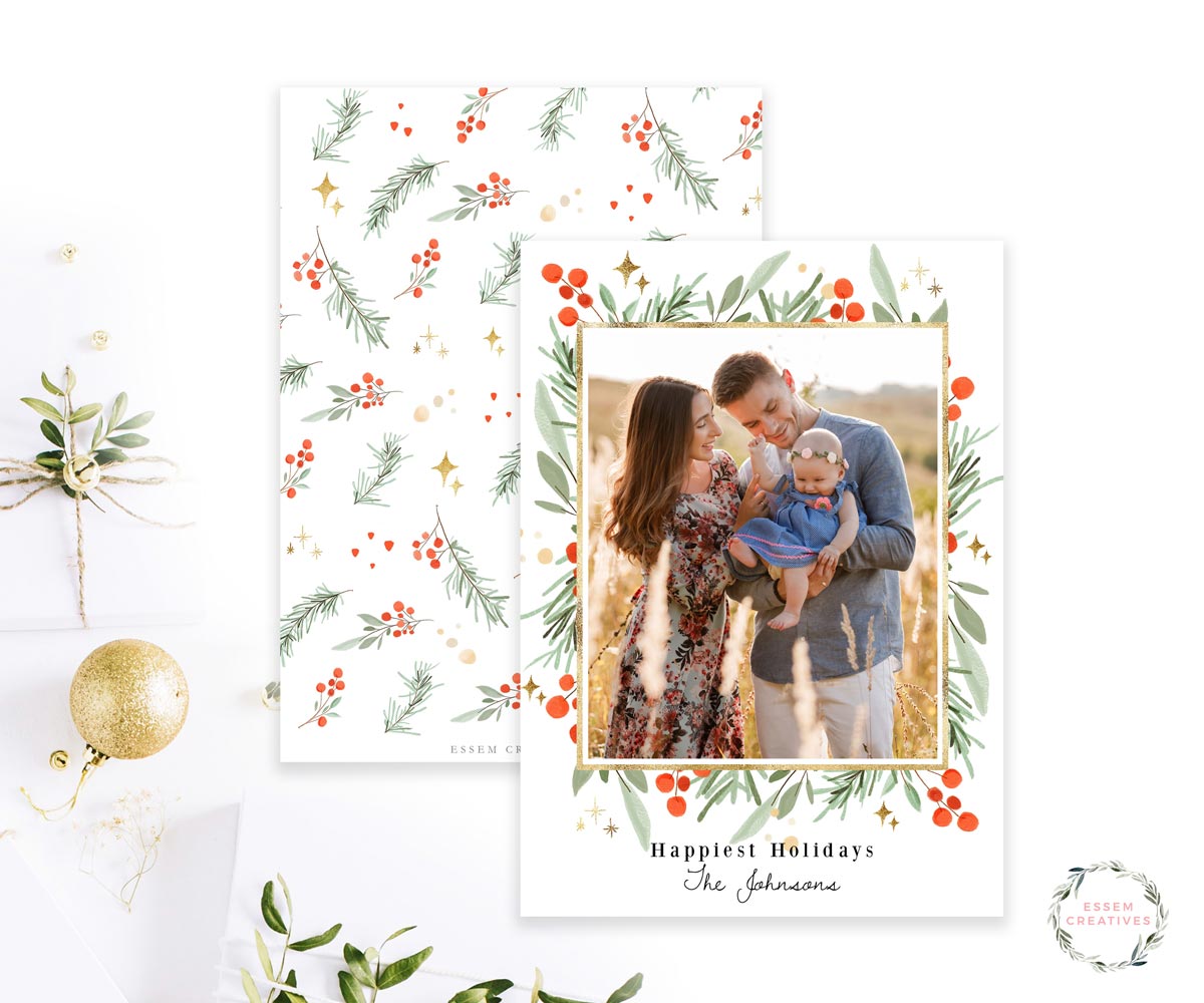 Classic Greenery Gold Photo Card Template, Vertical Holiday Card Template, Printable Christmas Border Watercolor Christmas Card, Holly Frame Card 512
