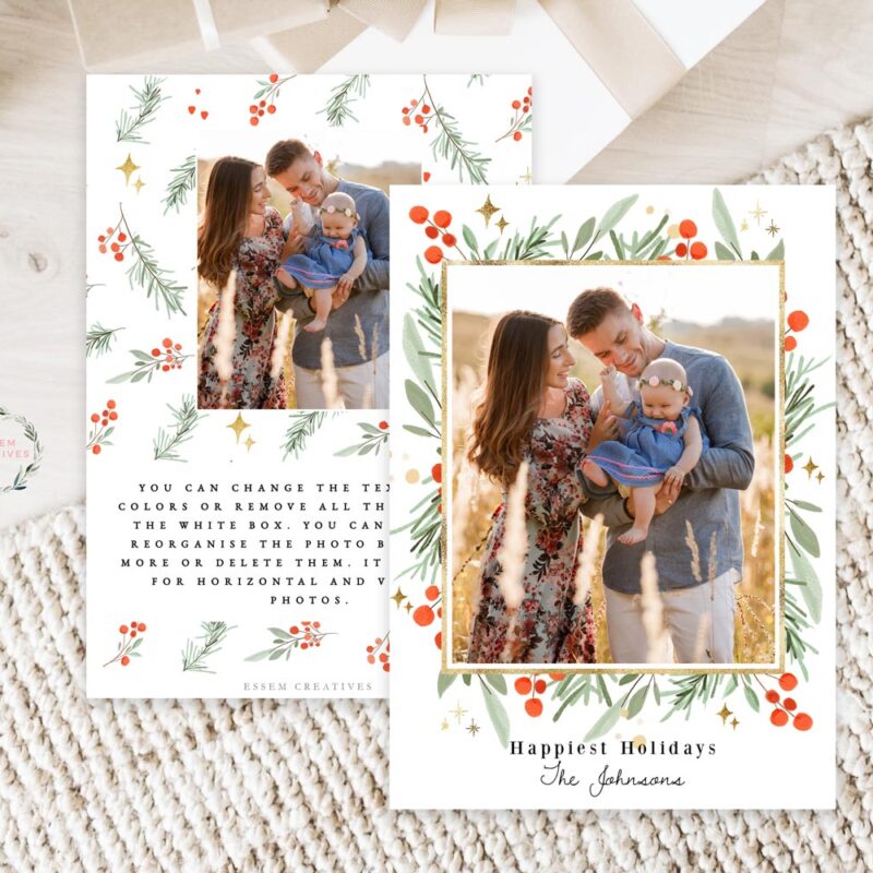 Classic Greenery Gold Photo Card Template, Vertical Holiday Card Template, Printable Christmas Border Watercolor Christmas Card, Holly Frame Card 512