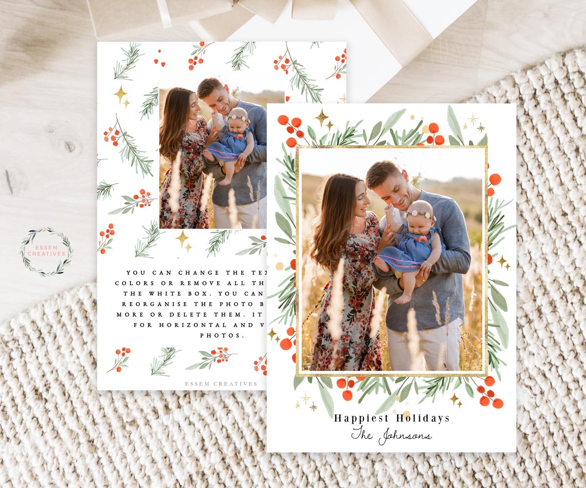 Classic Greenery Gold Photo Card Template, Vertical Holiday Card Template, Printable Christmas Border Watercolor Christmas Card, Holly Frame Card 512