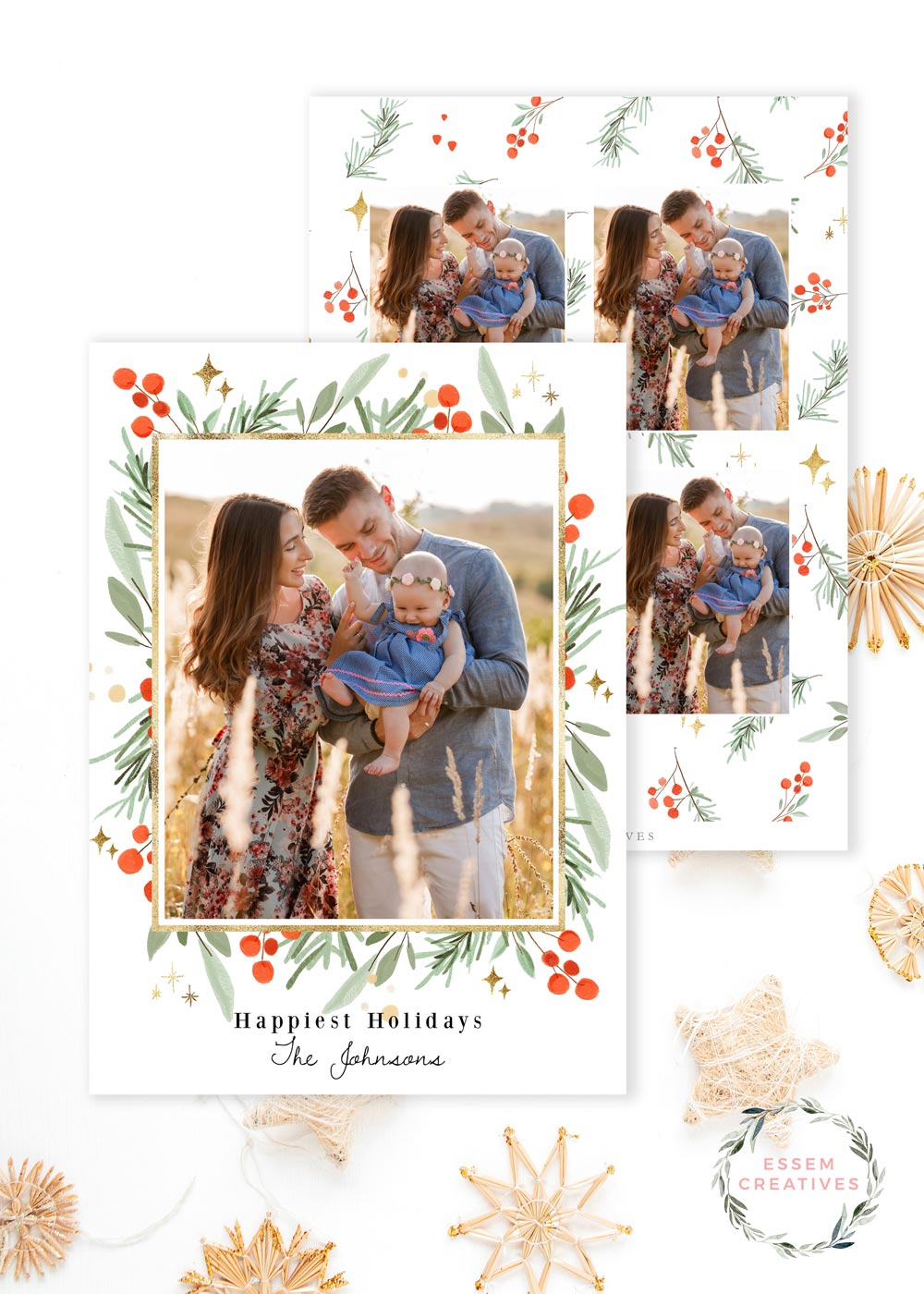 Classic Greenery Gold Photo Card Template, Vertical Holiday Card Template, Printable Christmas Border Watercolor Christmas Card, Holly Frame Card 512