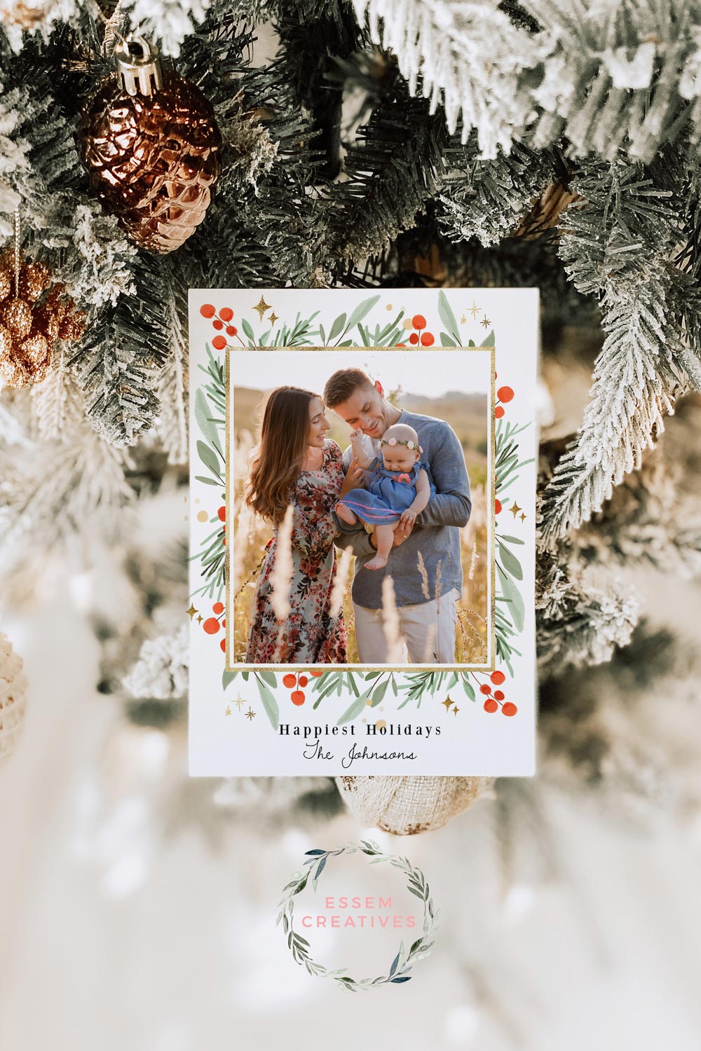 Classic Greenery Gold Photo Card Template, Vertical Holiday Card Template, Printable Christmas Border Watercolor Christmas Card, Holly Frame Card 512