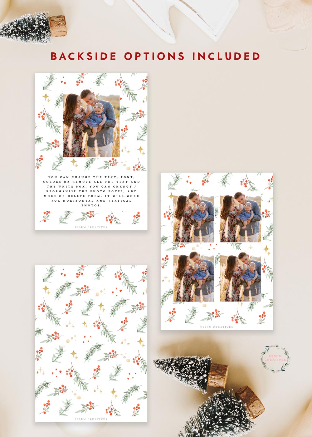 Classic Greenery Gold Photo Card Template, Vertical Holiday Card Template, Printable Christmas Border Watercolor Christmas Card, Holly Frame Card 512