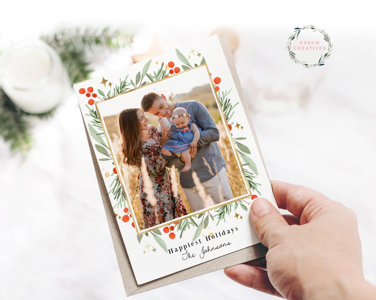 Classic Greenery Gold Photo Card Template, Vertical Holiday Card Template, Printable Christmas Border Watercolor Christmas Card, Holly Frame Card 512
