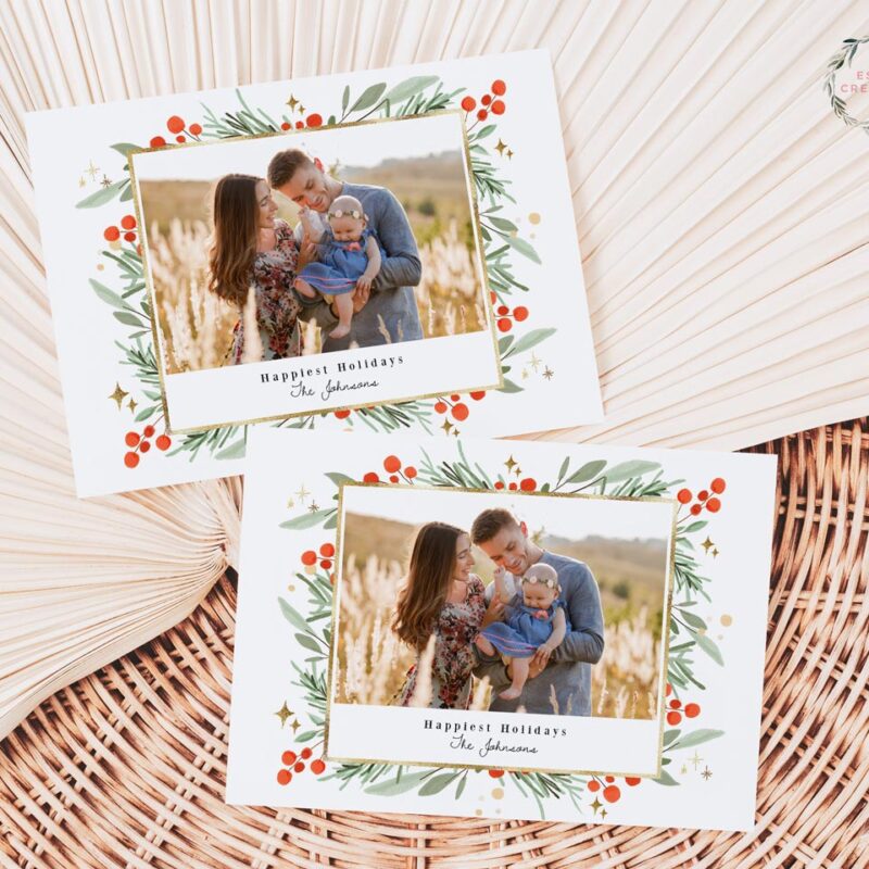 Classic Greenery Gold Photo Card Template, Horizontal Holiday Card Template, Printable Christmas Border Watercolor Christmas Card, Holly Frame Card