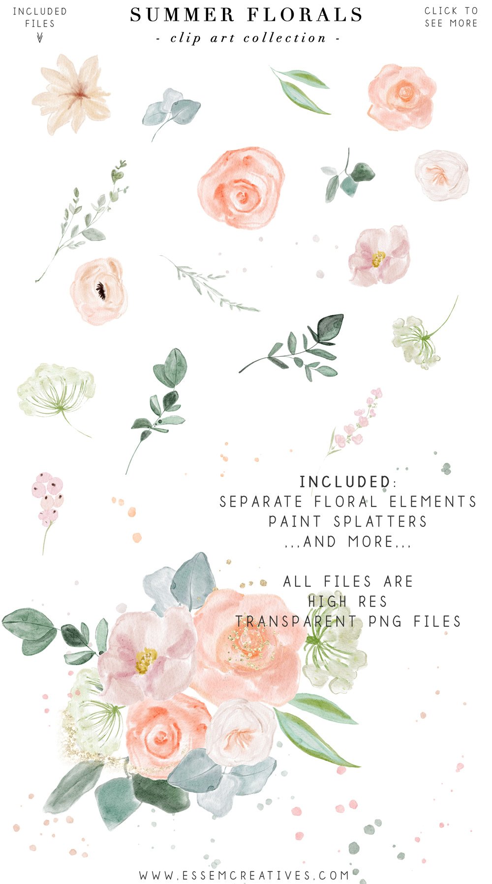 Summer Floral Watercolor Clipart, Peony Rose Background for Modern Wedding Invitation Decor, Sublimation PNG, Graphic for Branding Logo PNG