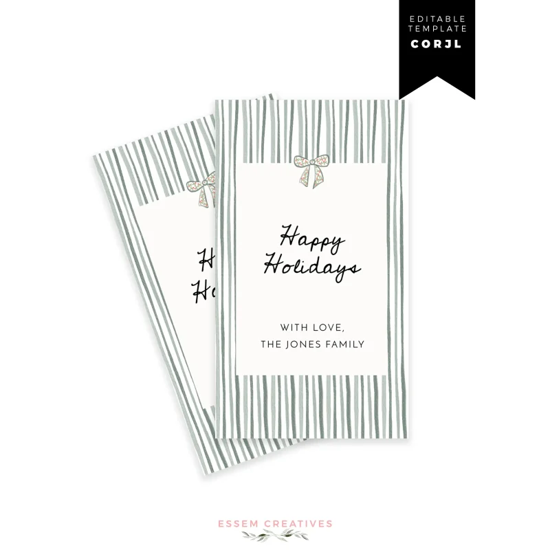 Whimsical Stripes and Bow Christmas Gift Tag Template, Editable Holiday Hang Tag, Printable Modern Hand Drawn Green Gift Label, Corjl 516 by Essem Creatives