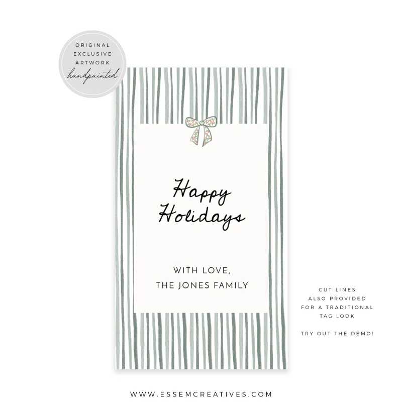 Whimsical Stripes and Bow Christmas Gift Tag Template, Editable Holiday Hang Tag, Printable Modern Hand Drawn Green Gift Label, Corjl 516 by Essem Creatives