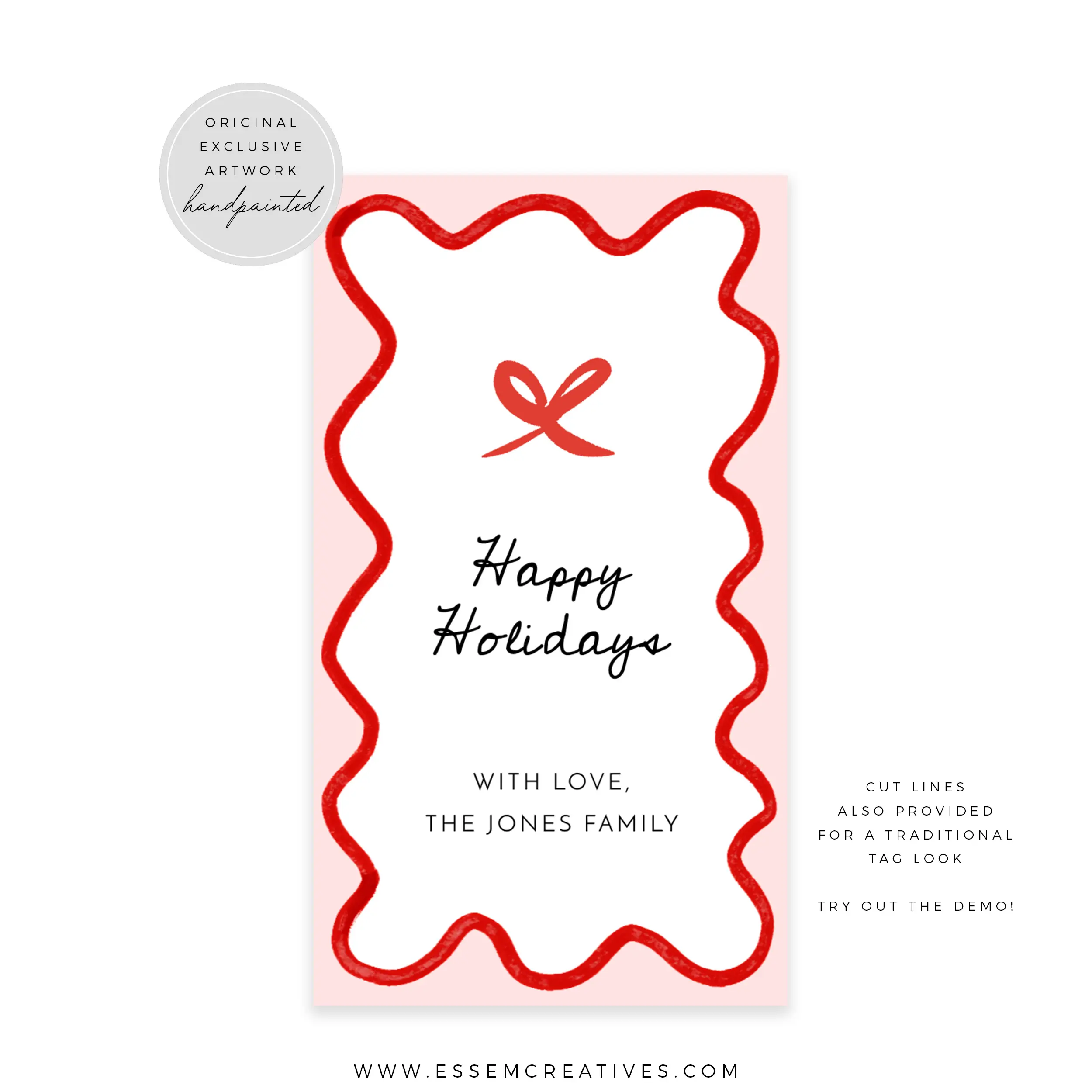 Wavy Border and Bow Gift Tag Template, Editable Holiday Hang Tag, Printable Scallop Hand Drawn Pink Red Coquette Bow Gift Label, Corjl 516 by Essem Creatives