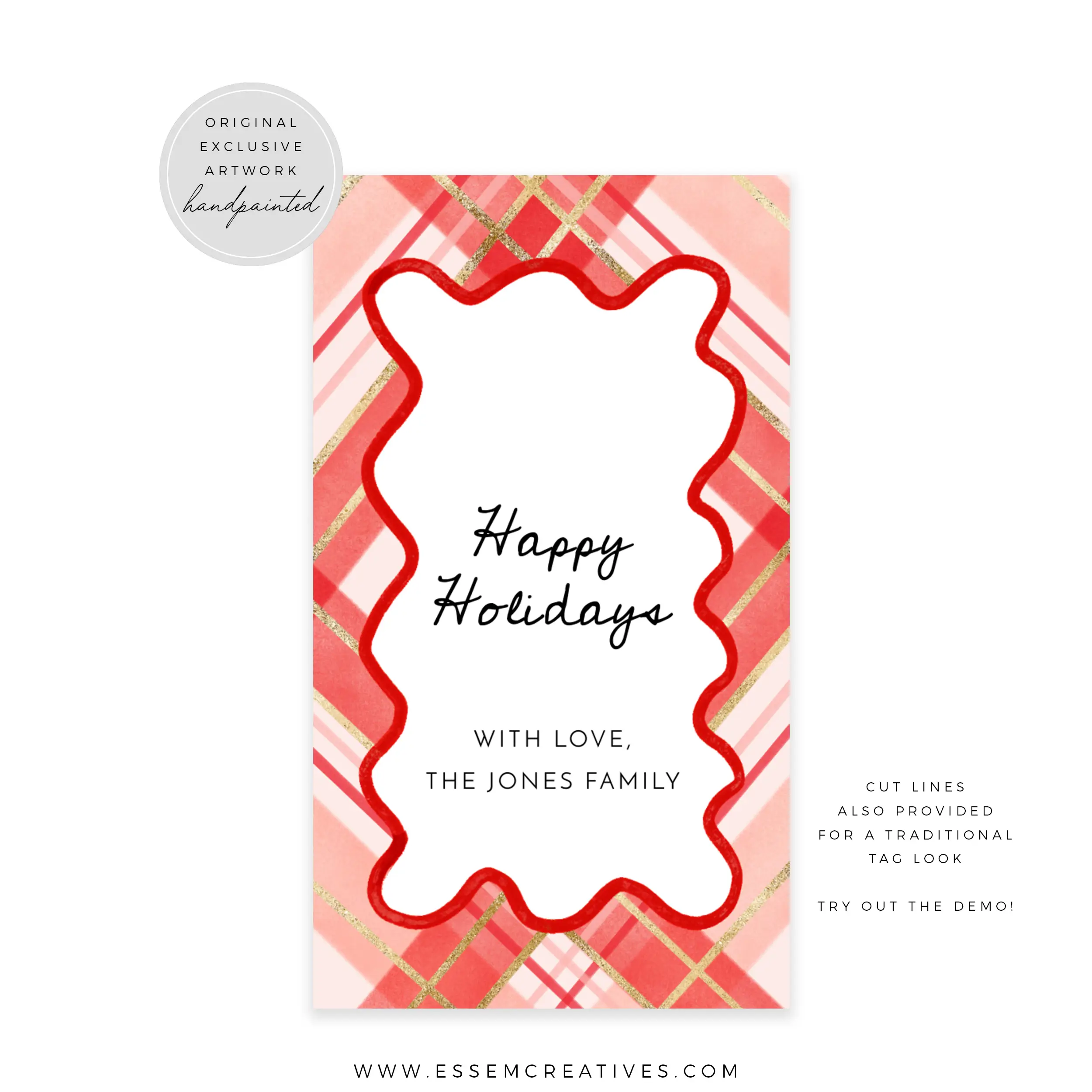 Plaid Wavy Border Gift Tag Template, Editable Holiday Hang Tag, Printable Scallop Hand Drawn Pink Red Modern Winter Gift Label, Corjl 516 by Essem Creatives