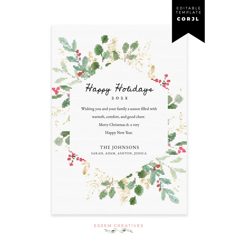 Printable Cross Stitch Christmas Card Template, Editable Greenery Holiday Card Template, Modern Whimsical Embroidery Theme Card, Corjl 516 by Essem Creatives