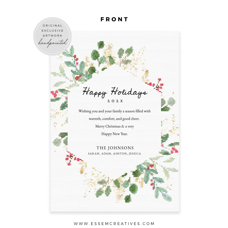 Printable Cross Stitch Christmas Card Template, Editable Greenery Holiday Card Template, Modern Whimsical Embroidery Theme Card, Corjl 516