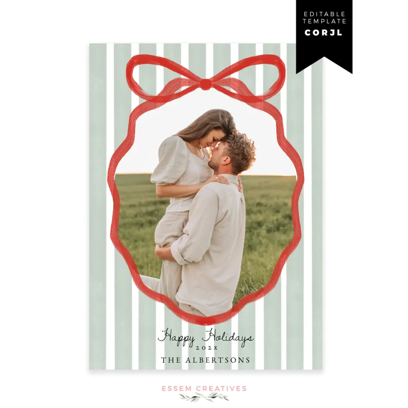 Printable Tied With a Bow Christmas Photo Card Template, Editable Green Stripes Whimsical Hand Drawn Ribbon Holiday Card Template, Corjl 516 by Essem Creatives