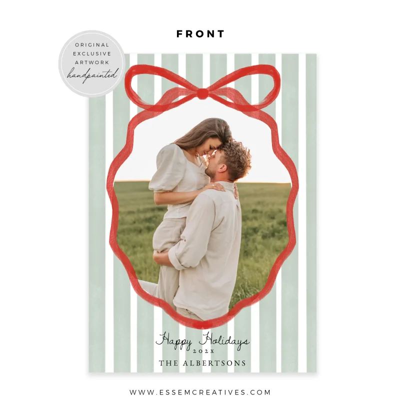 Printable Tied With a Bow Christmas Photo Card Template, Editable Green Stripes Whimsical Hand Drawn Ribbon Holiday Card Template, Corjl 516 by Essem Creatives