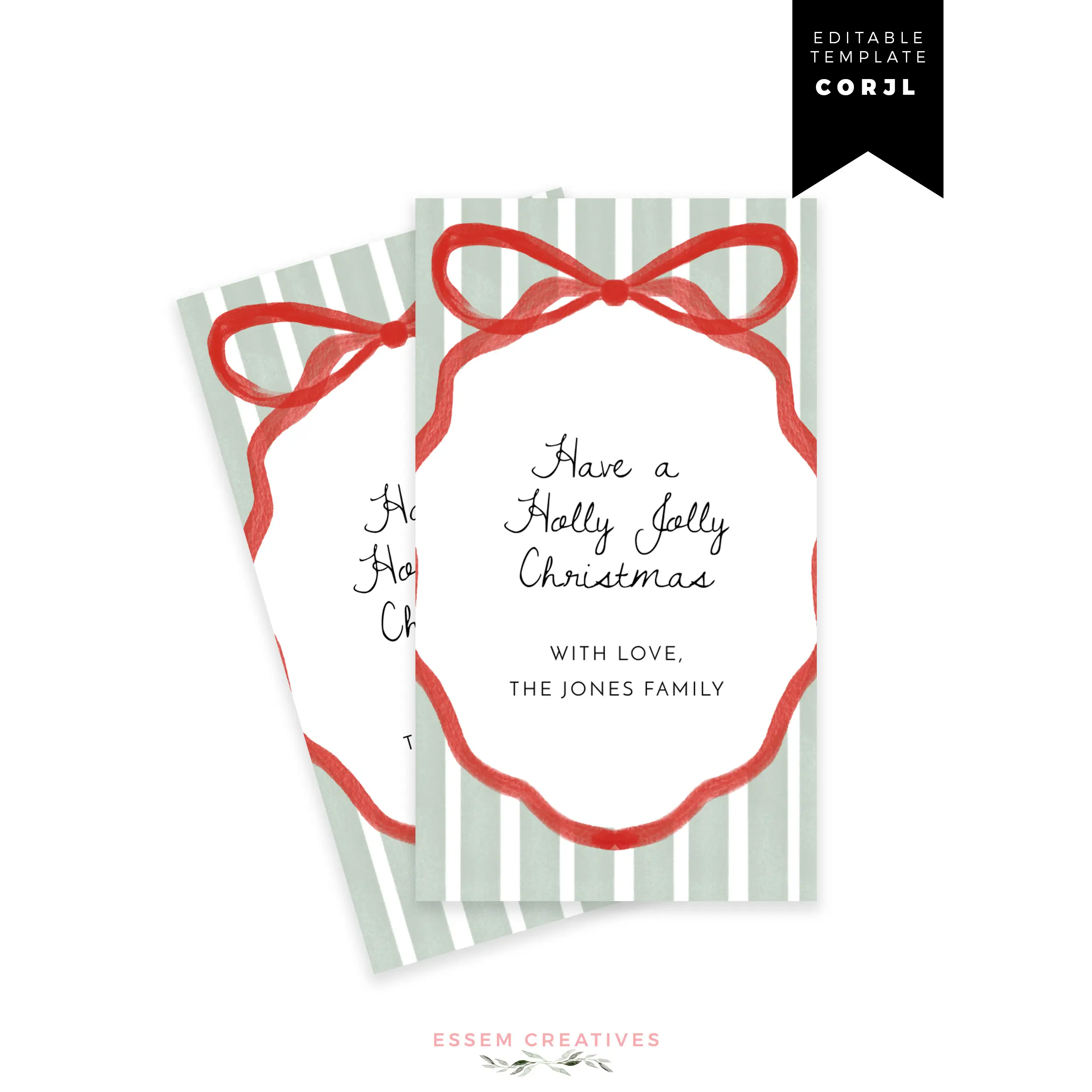 Printable Tied With Bow Gift Tag Template, Editable Holiday Hang Tag, Editable Green Stripe Whimsical Hand Drawn Ribbon Favor Tag Corjl 516 by Essem Creatives