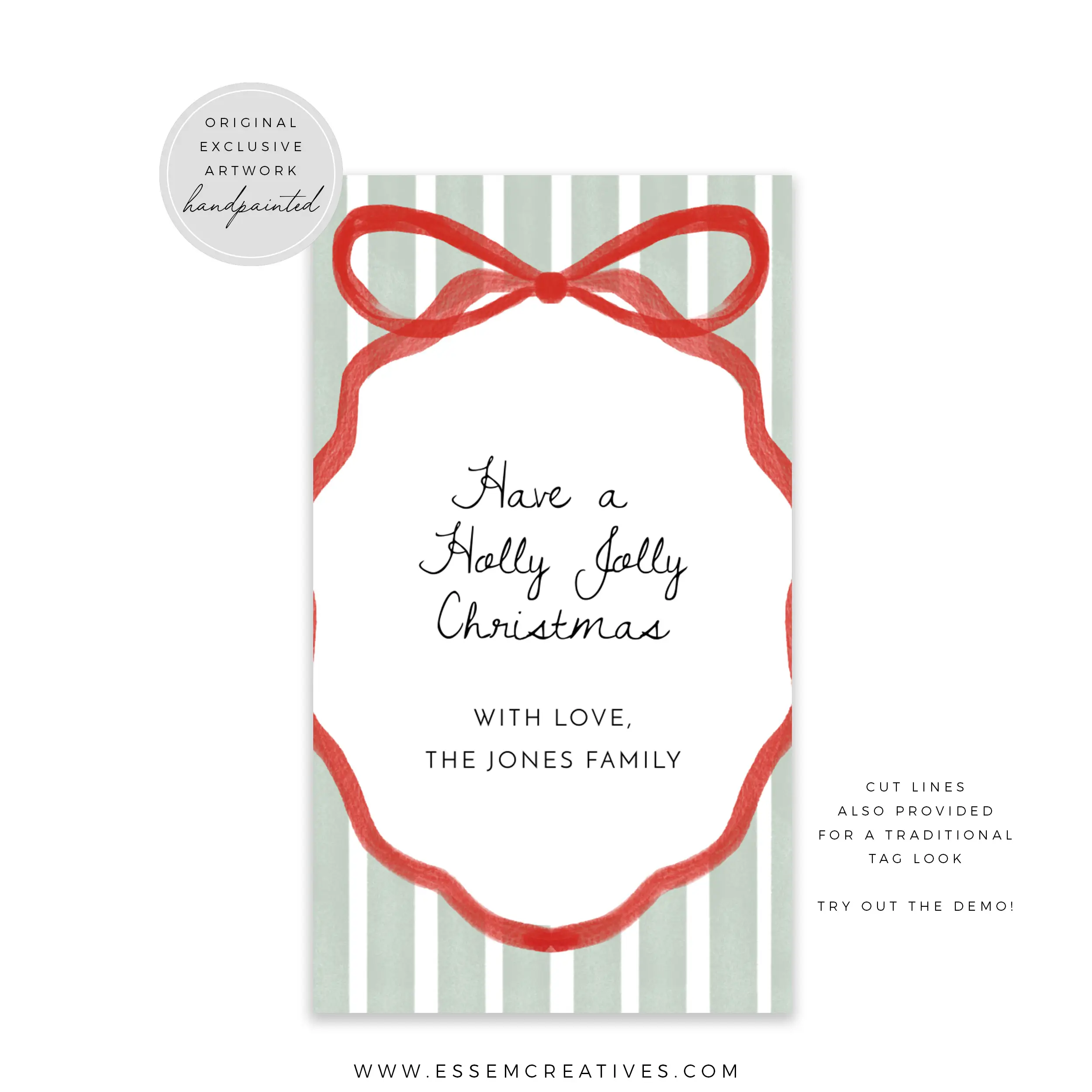 Printable Tied With Bow Gift Tag Template, Editable Holiday Hang Tag, Editable Green Stripe Whimsical Hand Drawn Ribbon Favor Tag Corjl 516 by Essem Creatives