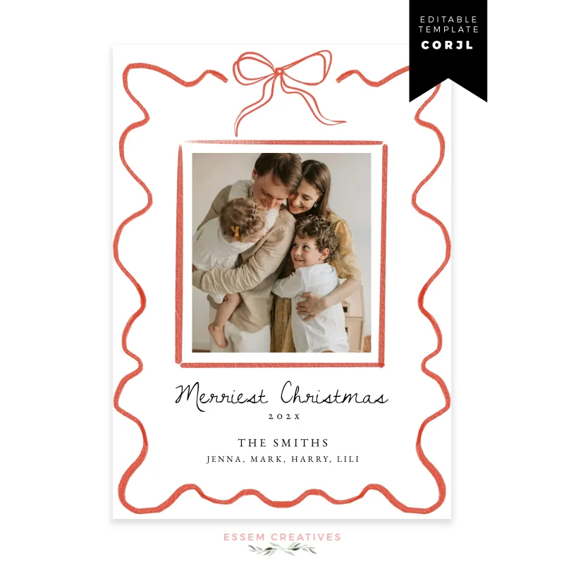 Printable Whimsical Bow and Wavy Border Christmas Photo Card Template, Editable Hand Drawn Red Ribbon Bow Doodle Holiday Card, Corjl 516 by Essem Creatives