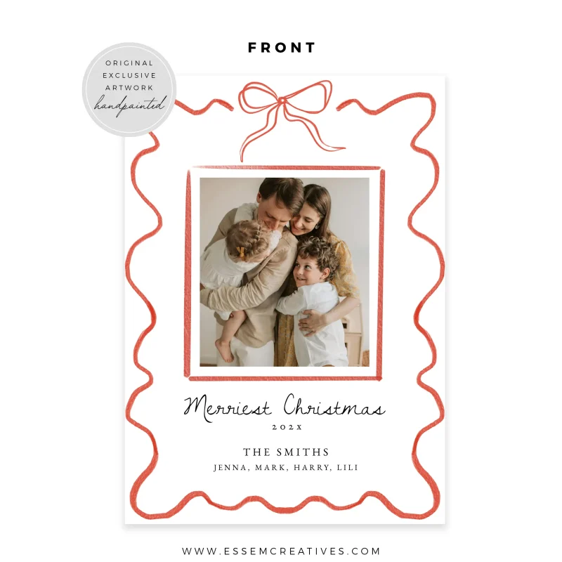Printable Whimsical Bow and Wavy Border Christmas Photo Card Template, Editable Hand Drawn Red Ribbon Bow Doodle Holiday Card, Corjl 516 by Essem Creatives
