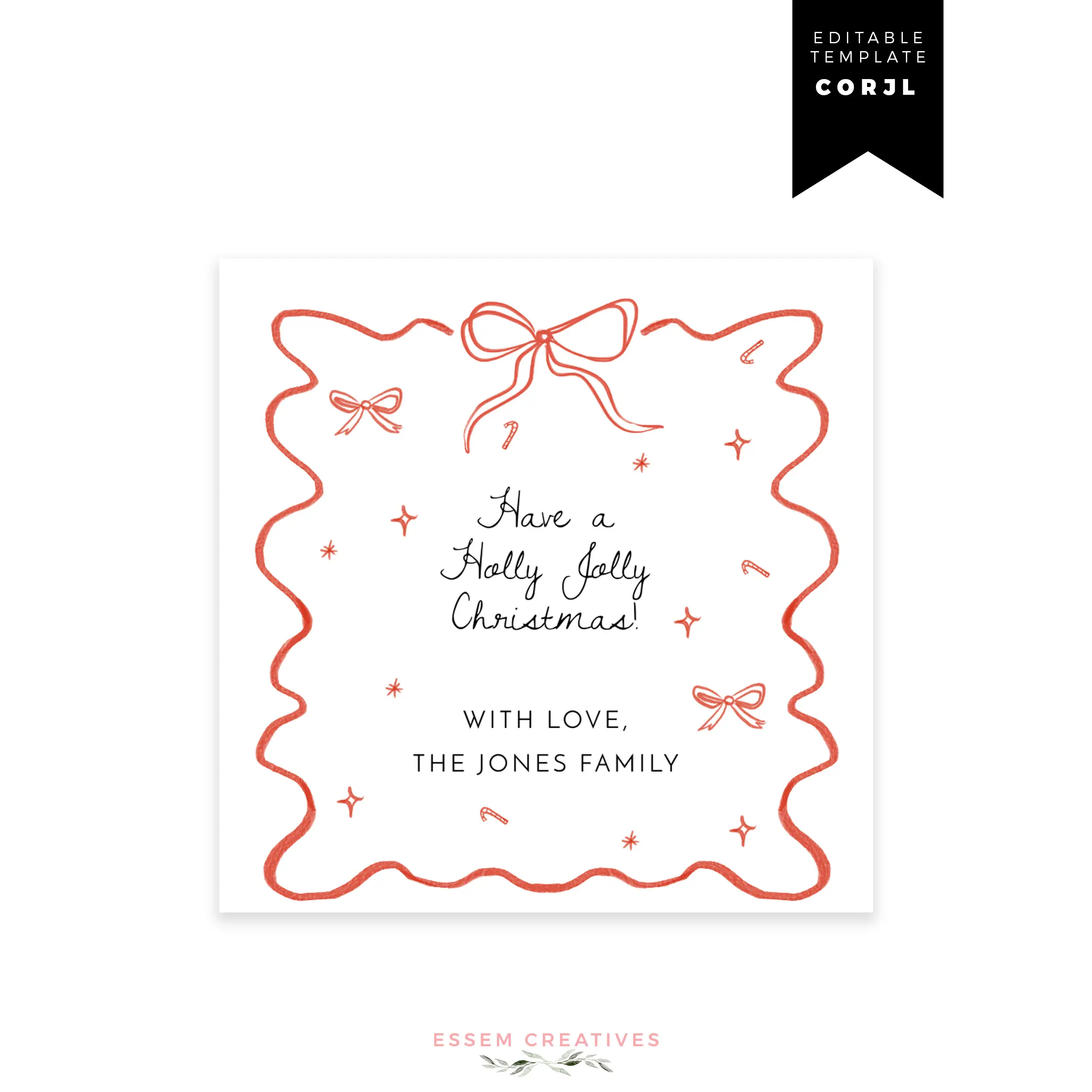 Printable Whimsical Bow and Wavy Border Christmas Gift Tag, Editable Hand Drawn Red Ribbon Bow Doodle Square Favor Tag Label, Corjl 516 by Essem Creatives
