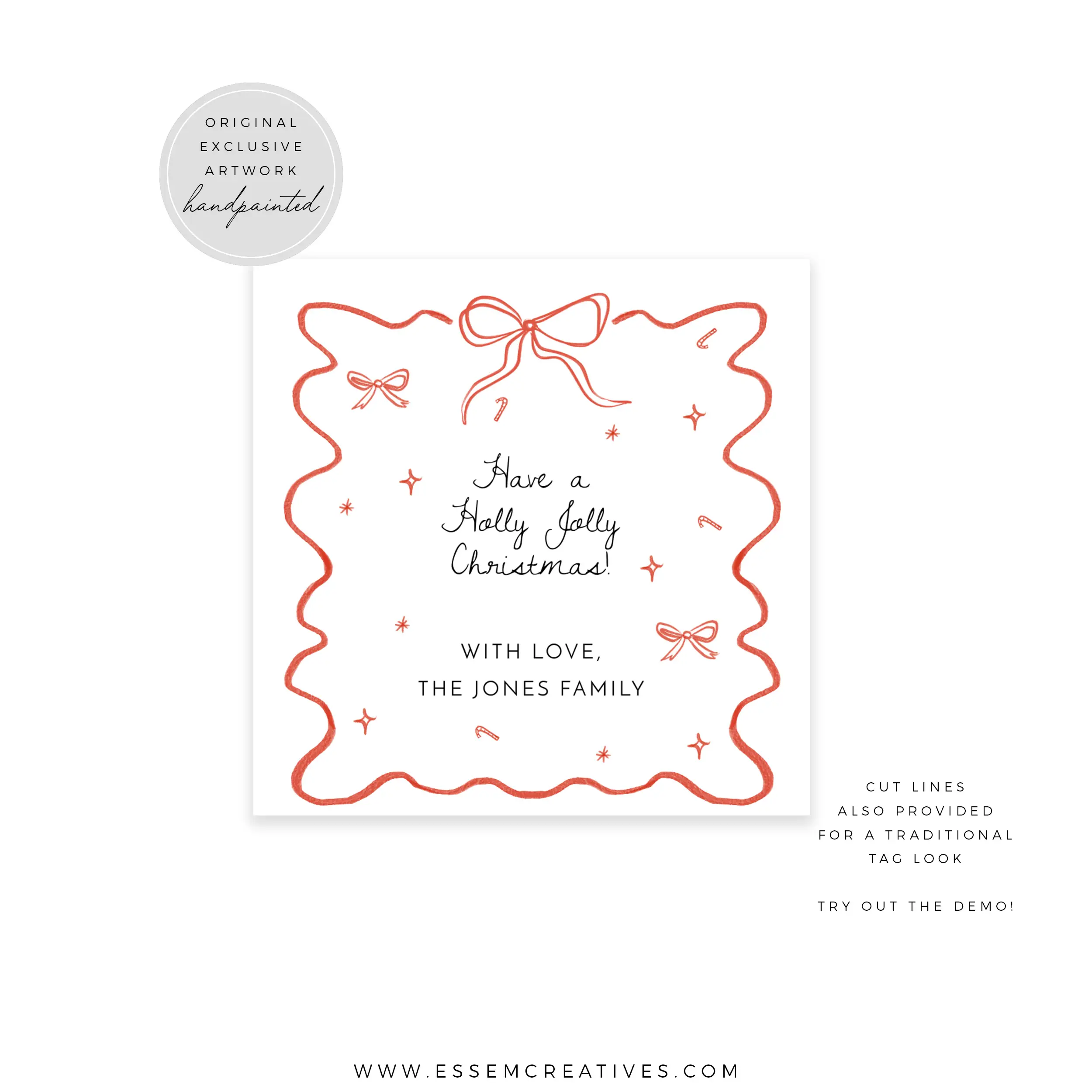 Printable Whimsical Bow and Wavy Border Christmas Gift Tag, Editable Hand Drawn Red Ribbon Bow Doodle Square Favor Tag Label, Corjl 516 by Essem Creatives