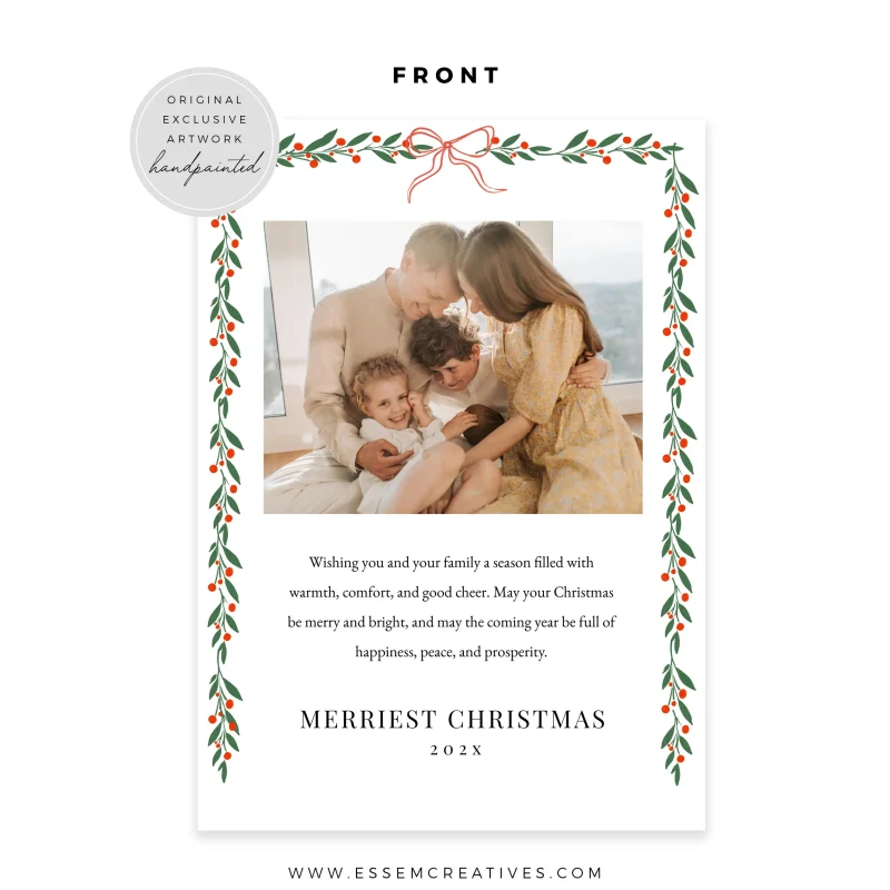 Printable Dainty Greenery Garland Frame Christmas Photo Card Template, Editable Red Bow Delicate Winter Greens Holiday Card, Corjl 516 by Essem Creatives