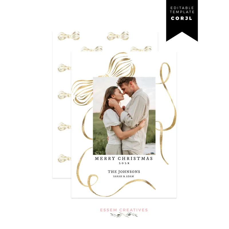 Dramatic Gold Ribbon Bow Frame Christmas Card Template, Editable Holiday Photo Card Template, Printable Holiday Engagement Card, Corjl 516 by Essem Creatives