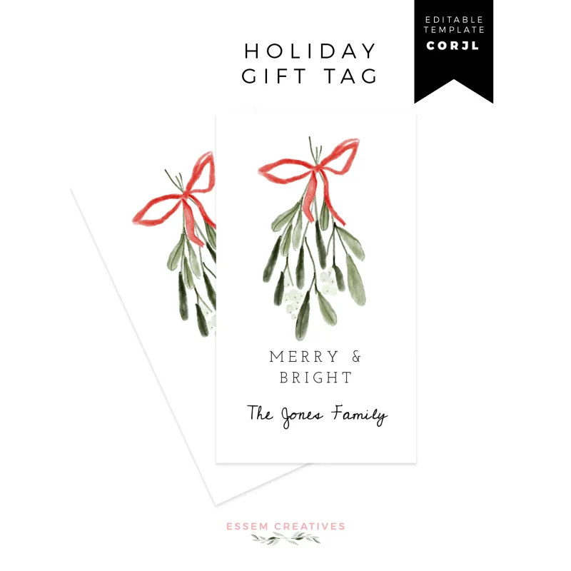Printable Mistletoe Christmas Gift Tag Template, Editable Cute Modern Whimsical Holiday Gift Tag, Greenery and Bow Gift Label, Corjl 516