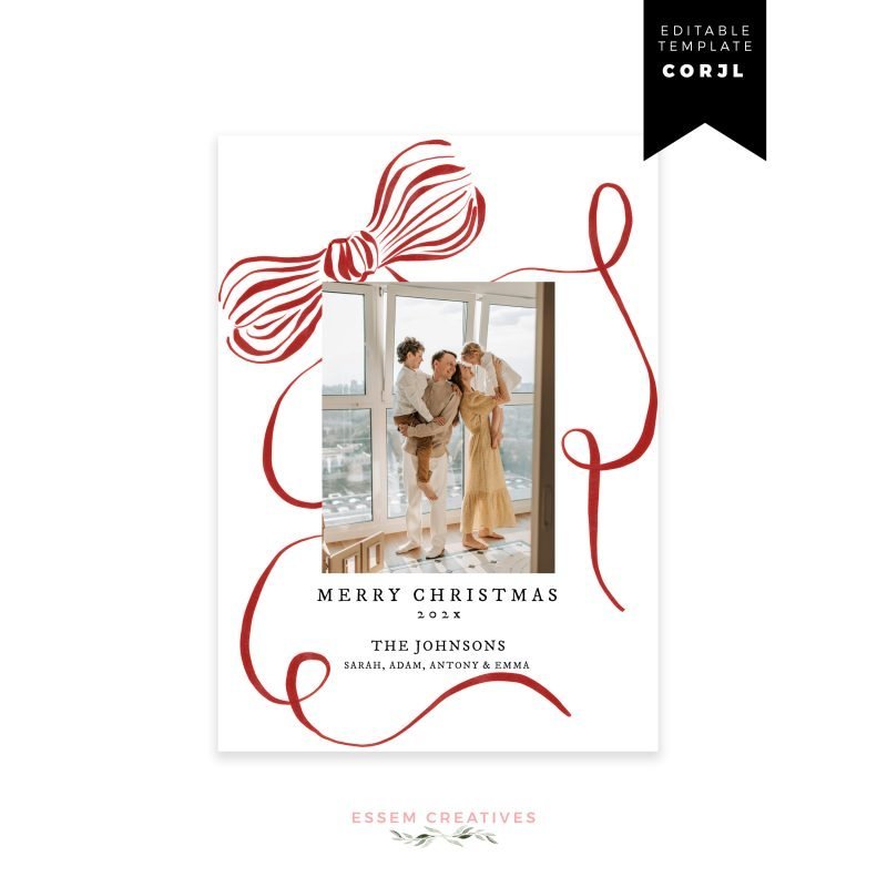 Dramatic Red Ribbon Bow Frame Christmas Card Template, Editable Holiday Photo Card Template, Printable Holiday Engagement Card, Corjl 516 by Essem Creatives