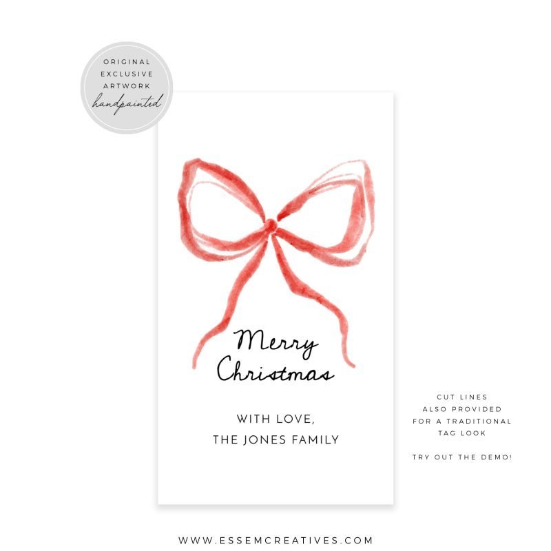 Printable Red Bow Christmas Gift Tag Template, Editable Cute Modern Whimsical Watercolor Holiday Gift Tag, Wavy Ribbon Gift Label, Corjl 516 by Essem Creatives