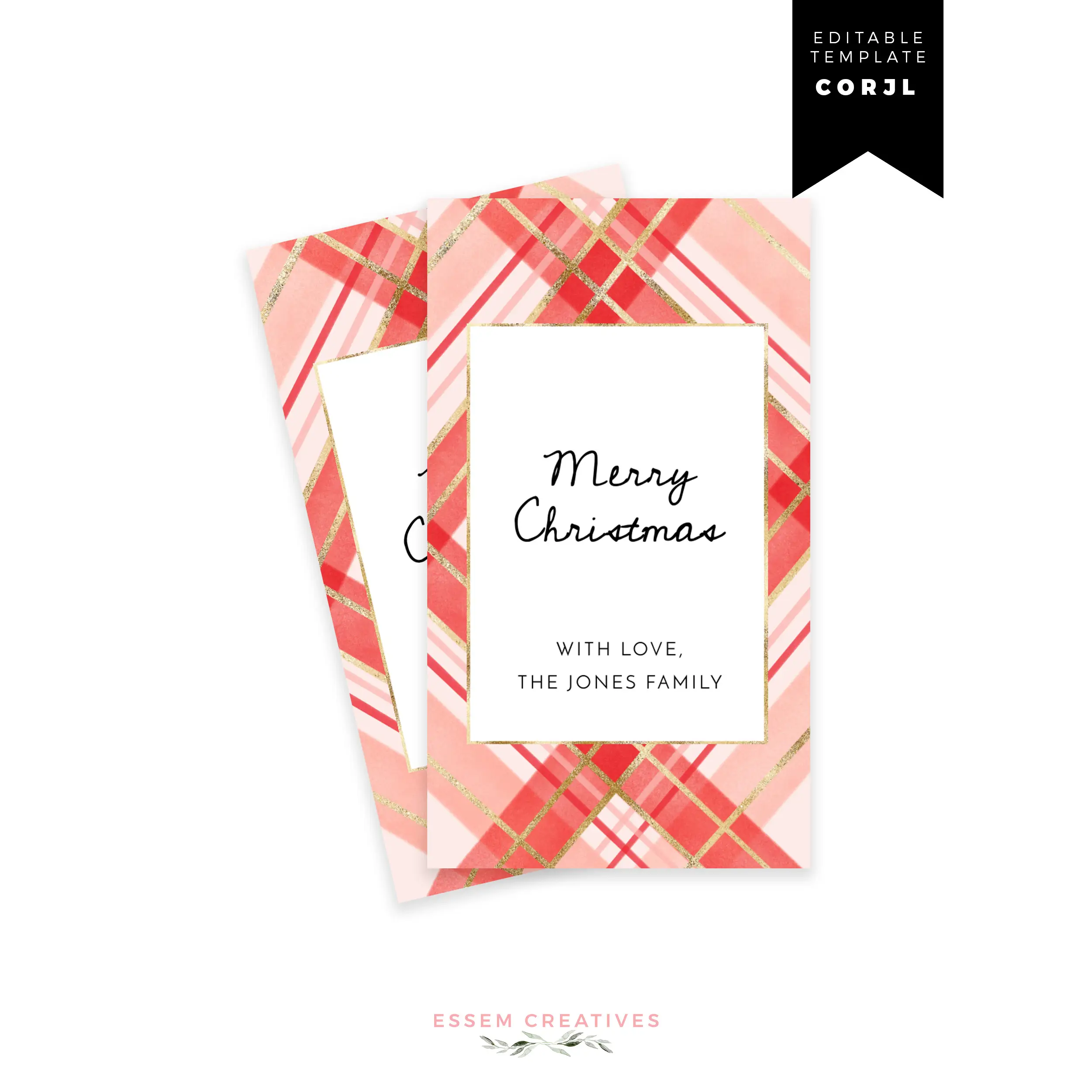 Printable Pink Red Plaid Christmas Gift Tag Template, Editable Modern Watercolor Holiday Gift Tag, Checks Gingham Argyl Gift Label Corjl 516 by Essem Creatives