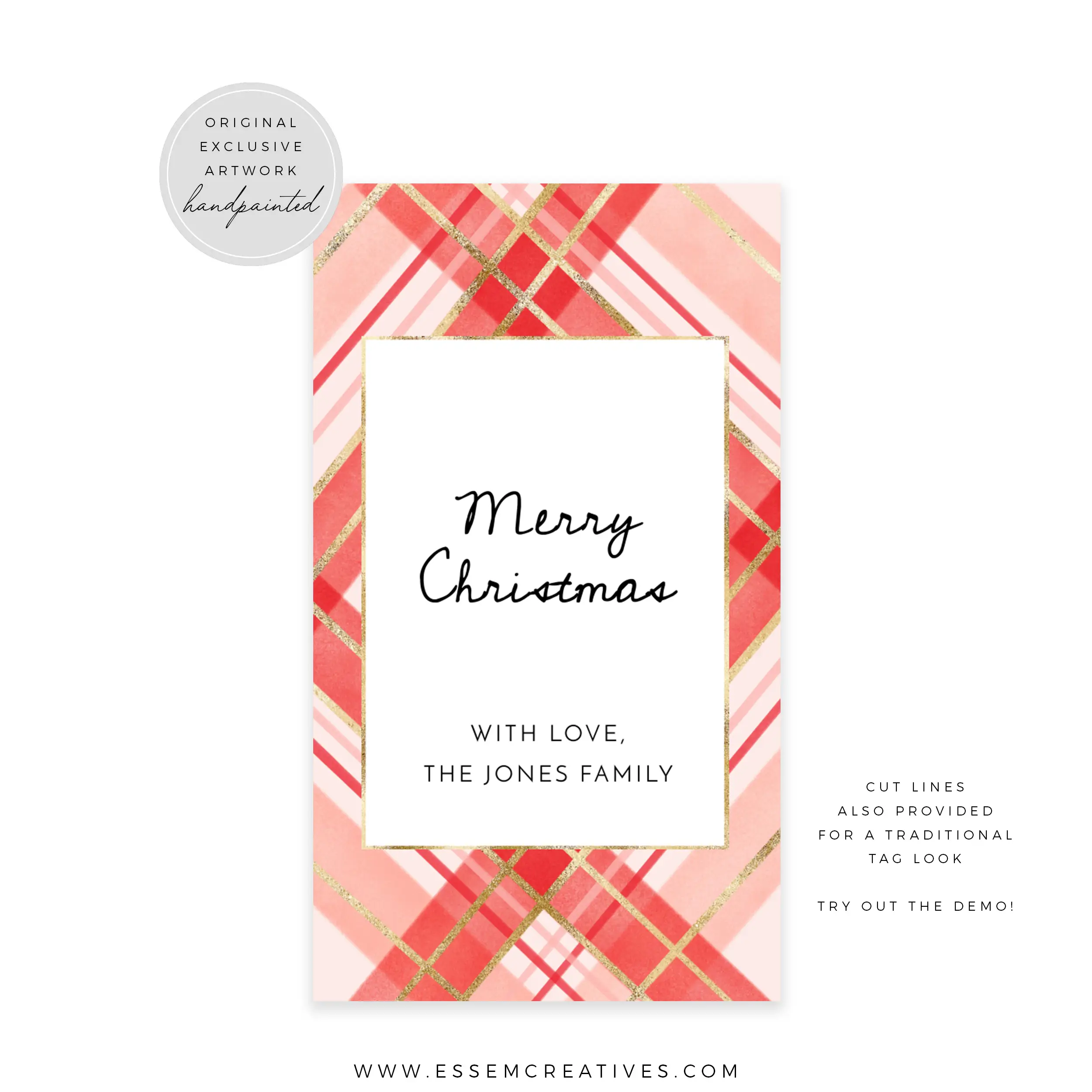 Printable Pink Red Plaid Christmas Gift Tag Template, Editable Modern Watercolor Holiday Gift Tag, Checks Gingham Argyl Gift Label Corjl 516 by Essem Creatives