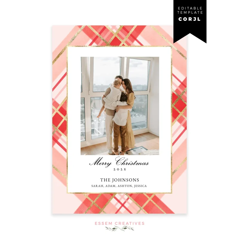 Printable Pretty Plaid Christmas Card Template, Editable Holiday Photo Card Template, Modern Hand Painted Red Pink Gingham Card, Corjl 516 by Essem Creatives