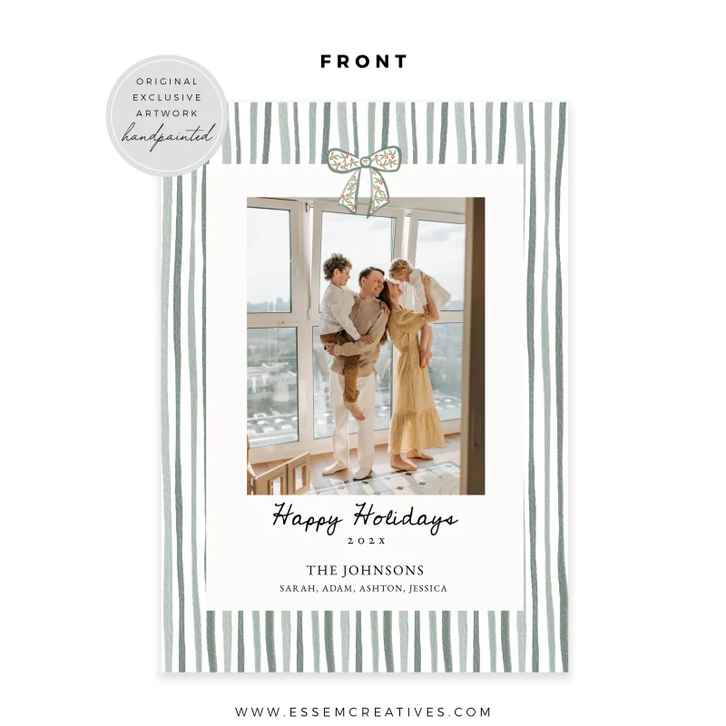 Printable Whimsical Stripes and Bow Christmas Card Template, Editable Holiday Photo Card Template, Modern Hand Drawn Green Card, Corjl 516 by Essem Creatives