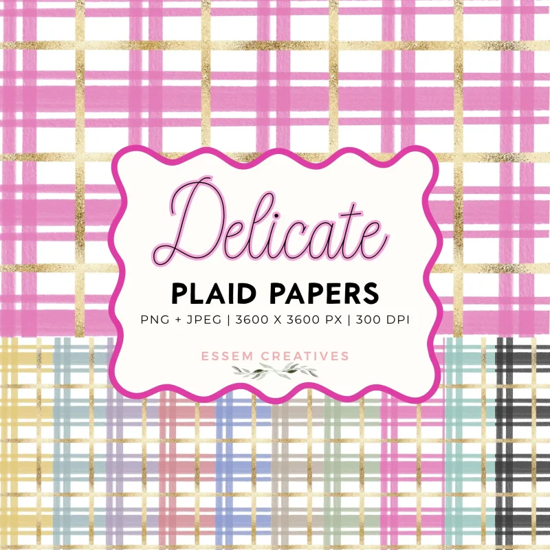Delicate Simple Plaid Tartan PNG Digital Papers, Minimal Gingham Print for Scrapbooking, Holiday cards, Planner Stickers, NON REPEATING pattern by Essem Creatives