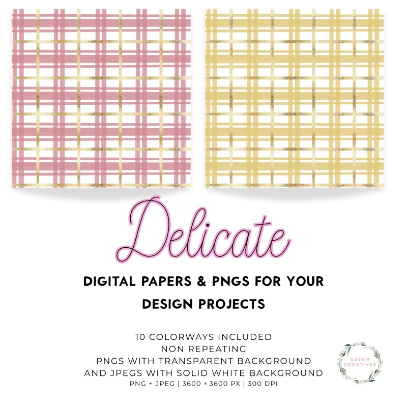Delicate Simple Plaid Tartan PNG Digital Papers, Minimal Gingham Print for Scrapbooking, Holiday cards, Planner Stickers, NON REPEATING pattern by Essem Creatives