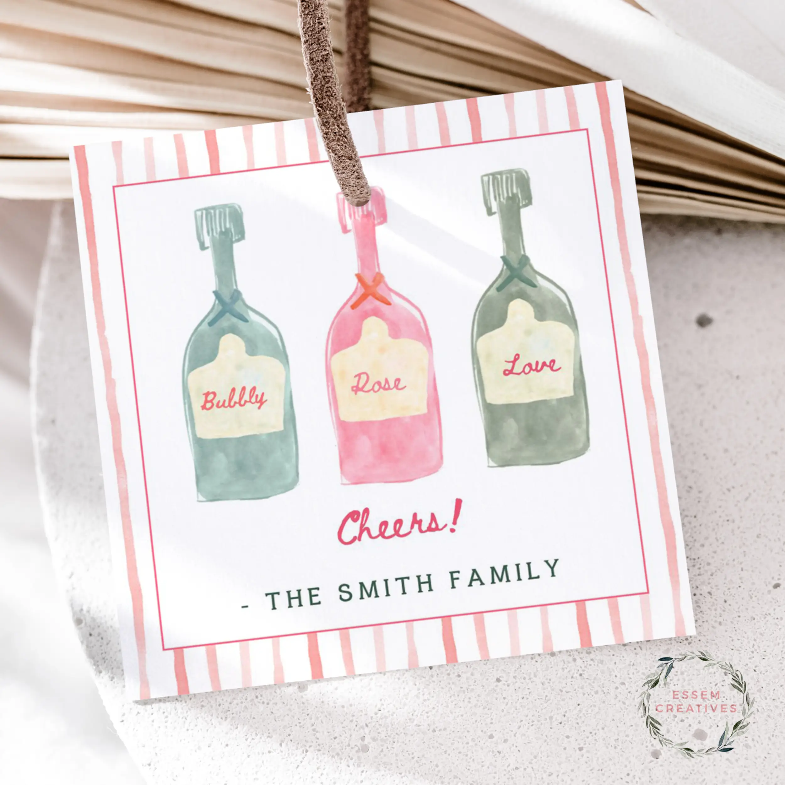 Printable Cheers Gift Tag Template, Editable Canva Champagne Bottle Tag, Pink Watercolor Party Favor or Hostess Tag, Valentines Day Gift Tag