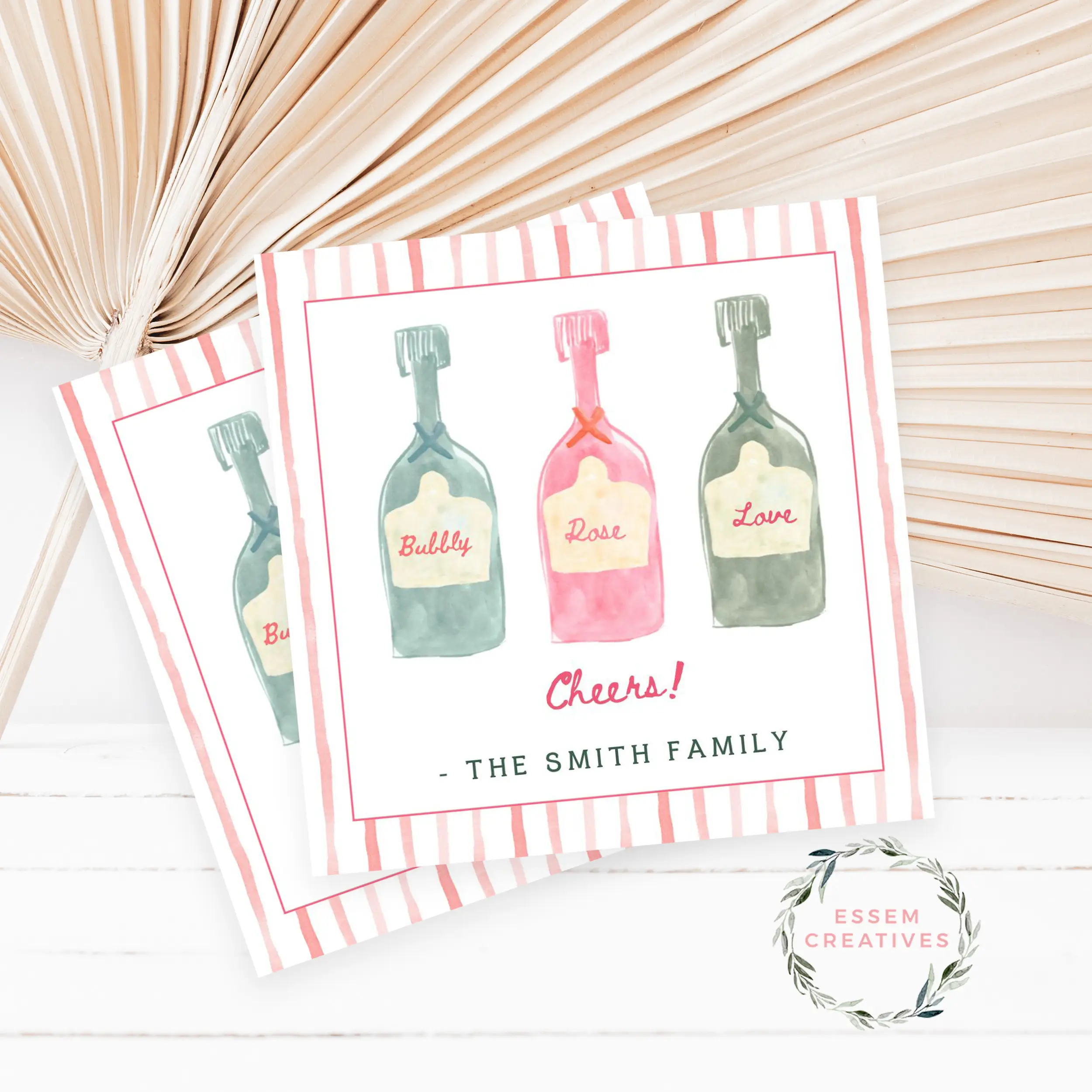 Printable Cheers Gift Tag Template, Editable Canva Champagne Bottle Tag, Pink Watercolor Party Favor or Hostess Tag, Valentines Day Gift Tag