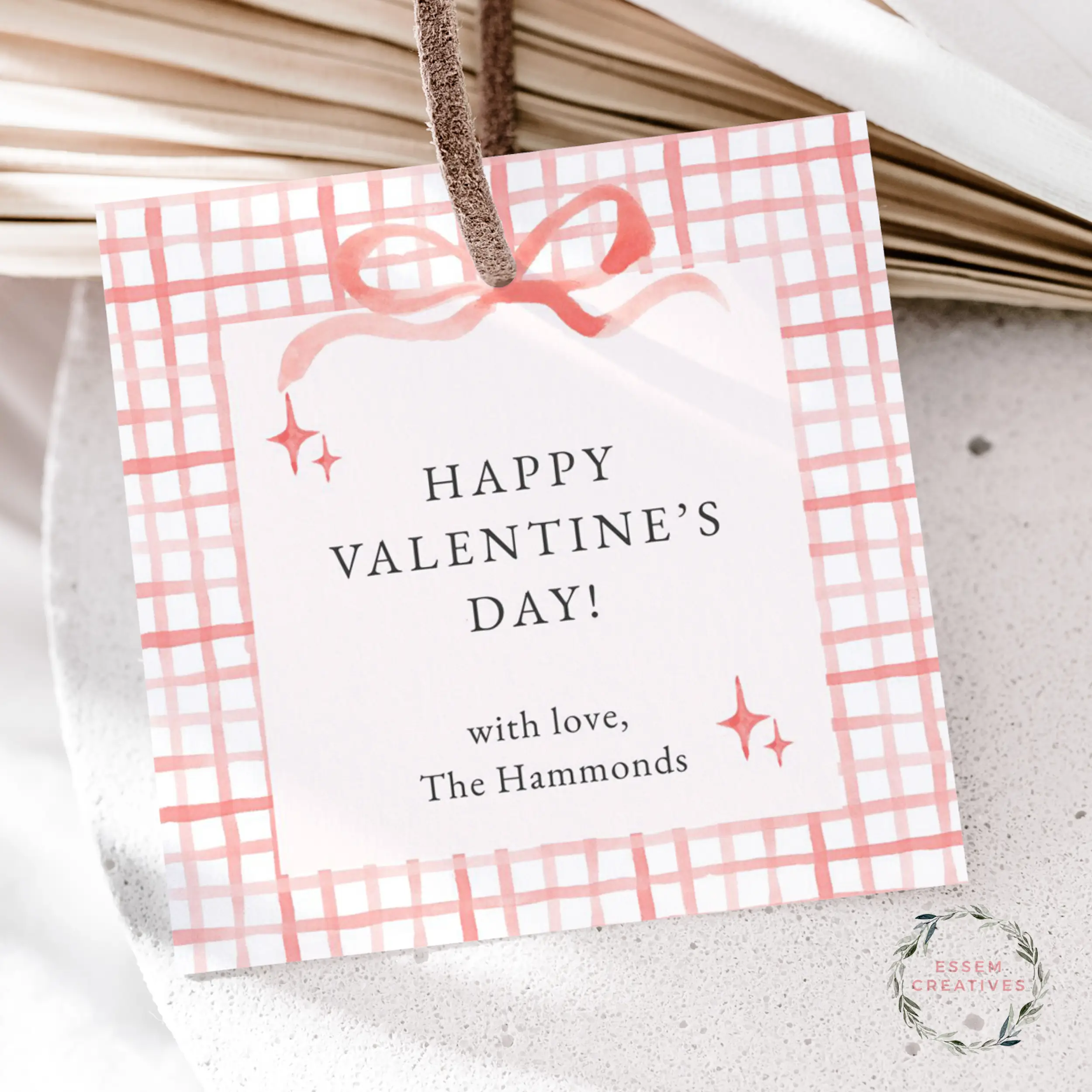 Printable Bow and Gingham Gift Tag, Preppy Valentine Gift Label, Pink Watercolor Party Favor Tag, Preschool Valentines | Edit with CANVA